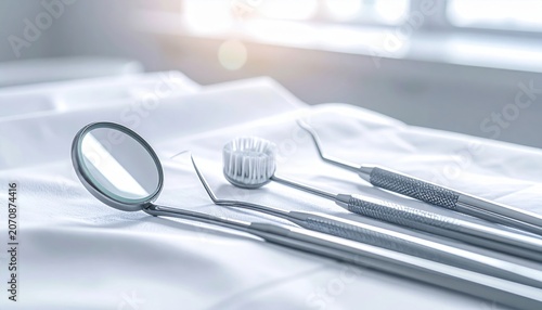 Gleaming Chrome Dental Mirror and Instruments Set on a White Cloth for Oral Examination
