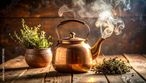 Gleaming copper kettle with steam rising gently on a rustic wooden table, perfect for a cozy kitchen scene.