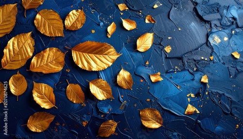 Golden leaf fragments scattered across a textured deep blue surface