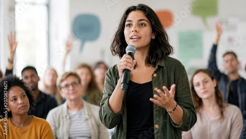 Young woman speaking into a microphone during a community meeting with attentive, diverse audience and raised hands