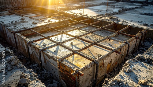 Golden Sunlight Illuminating Construction Site Rebar Foundation Grid