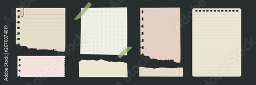 Cuadro en lienzo Vector of various torn notebook papers with clips and tape on a dark background
