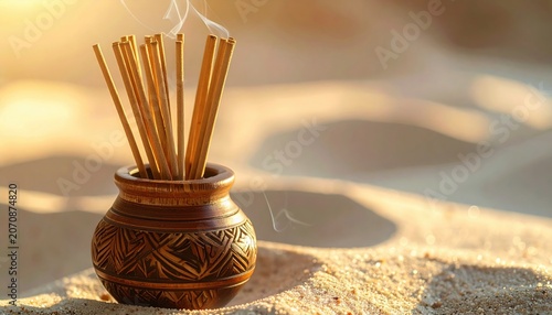 Handcrafted Incense Sticks Burning With Wisps of Smoke in a Textured Pottery Holder on Sandy Ground