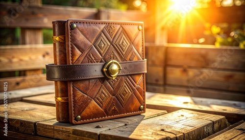 Hand-crafted leather journal with ornate embossed diamond pattern and vintage buckle closure basking in warm sunlight