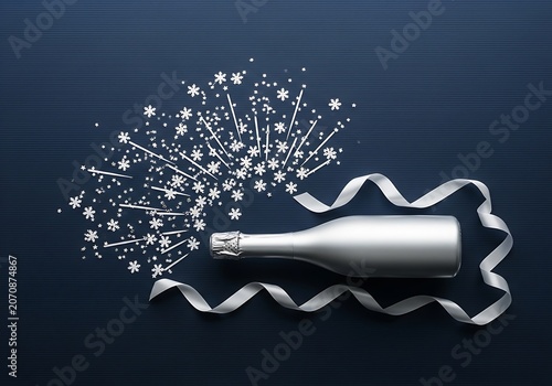 Silver Sparkling Wine Bottle Exploding with Snowflake Confetti on Blue