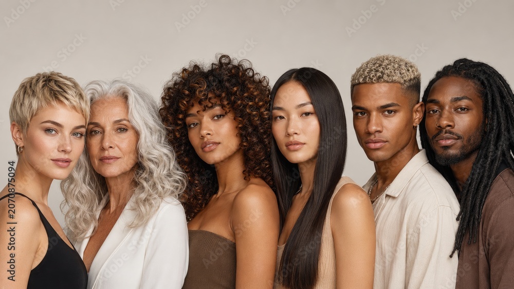Fototapeta premium Diverse multigenerational group portrait of six models with varied hairstyles and skin tones