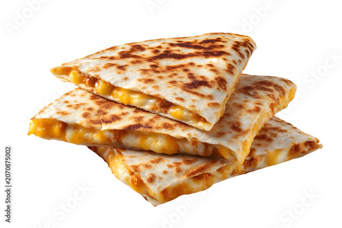 Stacked cheese quesadilla wedges with melted cheese in toasted flour tortillas, isolated on a white background.