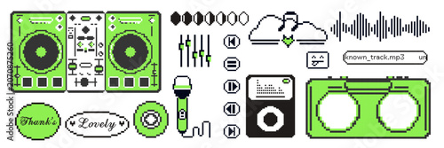 90s retro pixel music sticker set with emoji, cassette, notes and other podcast elements for social media, game.Trendy y2k style icon collection.