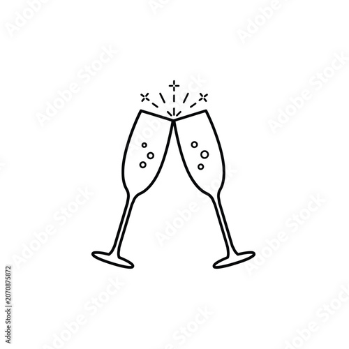 Two champagne glasses toasting black line drawing on white background