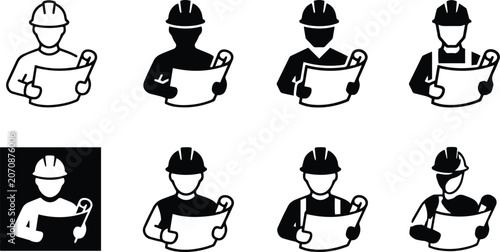Architect worker holding blueprint plan layout icon set representing professional contractor engineer construction specialist builder site developer project management design graphic