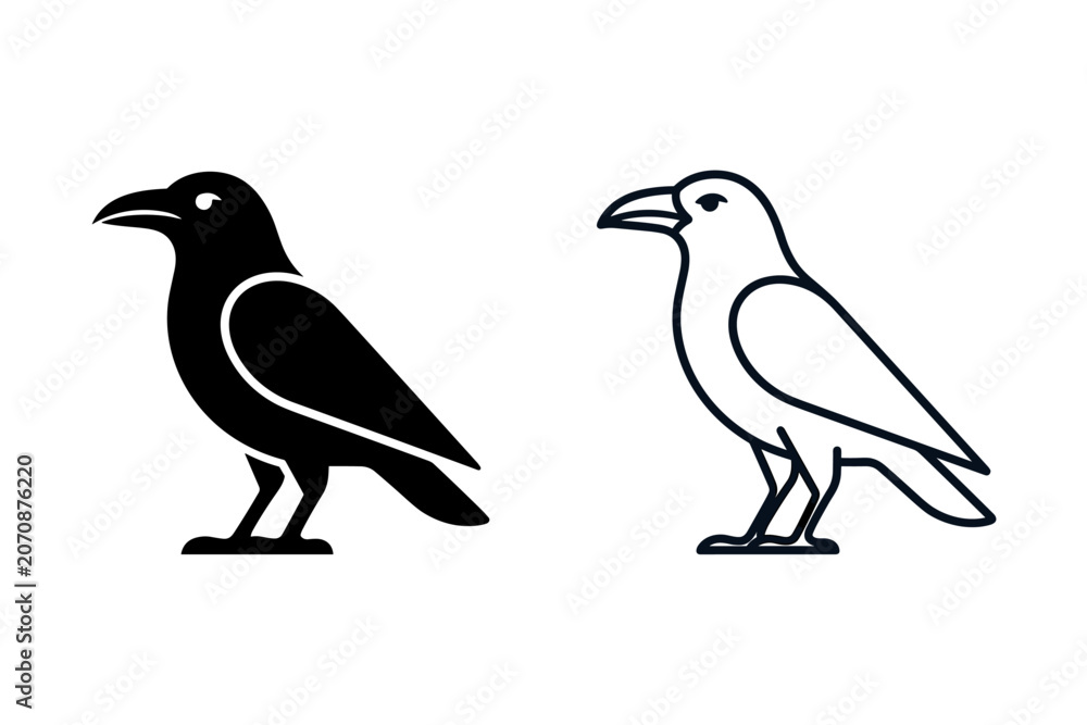 Obraz premium Two stylized crows, one solid black silhouette and one outline, stand side by side