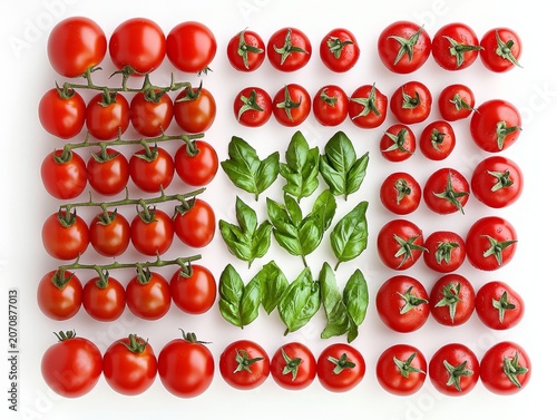 Tomato paste, sauce, ketchup, small tomatoes on stems, and basil are shown from above.
