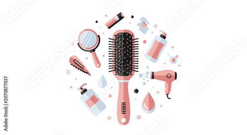 Flat Vector Illustration of Hair Care Styling Tools and Beauty Products Set. Hairbrush, Hairdryer, Mirror, and Salon Accessories in Pastel Pink Theme.
