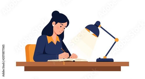 Young Woman Writing in Notebook Under Desk Lamp Light Vector Illustration - Education and Productivity Concept