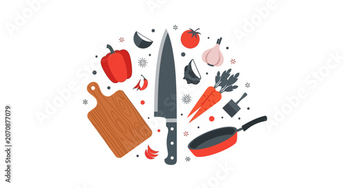 Flat Vector Illustration of Kitchen Utensils and Fresh Vegetables for Cooking Concepts
