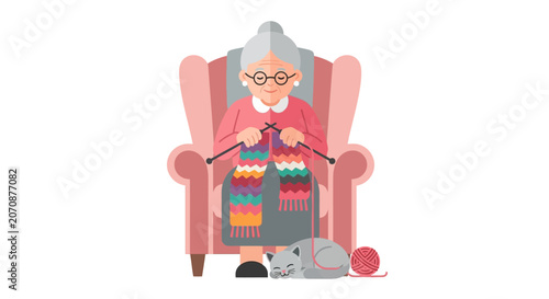 Flat Vector Illustration of an Elderly Grandmother Knitting a Colorful Scarf in a Cozy Armchair with her Sleeping Cat, Isolated on White Background