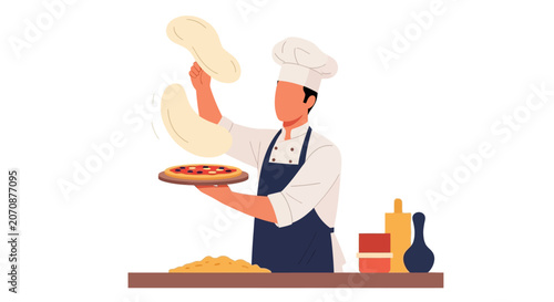 Professional Male Pizza Chef Tossing Dough in Kitchen Flat Vector Illustration, Pizzaiolo Character Preparing Italian Food for Restaurant Menu and Culinary Branding