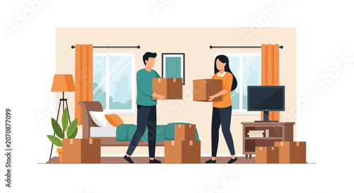 Happy Couple Moving Into New Home Carrying Cardboard Boxes, Flat Vector Illustration of Relocation, New Apartment, and Beginning of Life Together
