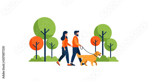 Flat Vector Illustration of a Young Couple Walking a Golden Retriever Dog in a Stylized City Park