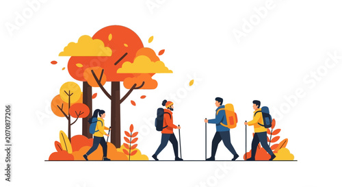 Group of People Hiking in Autumn Forest Flat Illustration, Diverse Tourists with Backpacks and Walking Sticks Trekking in Nature, Outdoor Fall Activity Vector Art