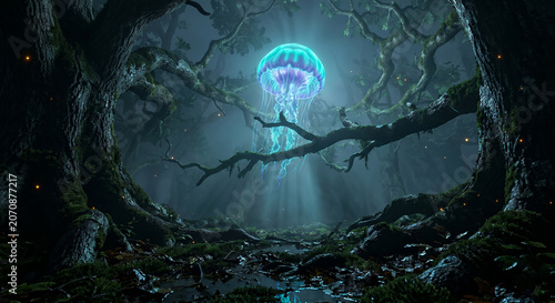 Glowing Bioluminescent Jellyfish Floating in Dark Enchanted Forest with Fireflies Fantasy Concept