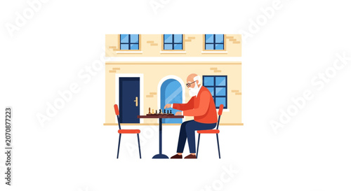 Senior Man Playing Chess Alone Outdoors Flat Vector Illustration. Retired Elderly Male Concentrating on Strategy Board Game at a Table in Front of a House.