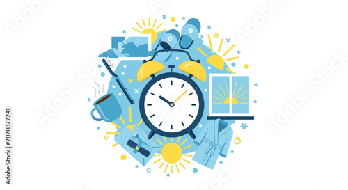 Morning Routine Concept Vector Illustration with Alarm Clock, Coffee, and Daily Icons