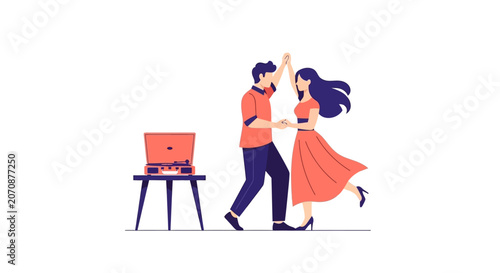 Romantic Young Couple Dancing to Music from a Vintage Record Player, Flat Vector Illustration of Man and Woman in Love