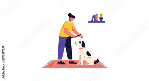 Woman Grooming and Brushing Her Dog Illustration - Pet Care, Hygiene, and Domestic Life Concept Flat Vector Graphic on White Background