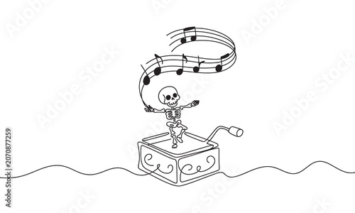 Continuous line of a dancing skeleton emerging from a music box with floating musical notes, isolated on a white background, minimalist black and white style