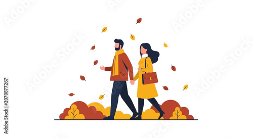 Romantic Couple Walking Hand in Hand During Autumn Season with Falling Leaves, Flat Design Vector Illustration Isolated on White Background