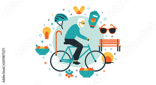 Active Senior Man Riding Bicycle Healthy Lifestyle Concept Flat Vector Illustration
