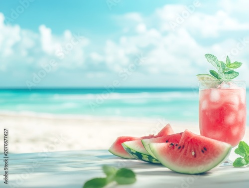 Watermelon slices and a drink with mint on a white table. A blurry beach and blue sky are in the background. Space for your food or product.
