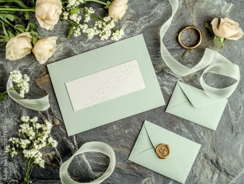 Wedding supplies on a stone: Light green envelopes, a blank card, gold rings, ribbon, a wax seal, and flowers. Seen from above with space for your message.
