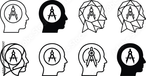 Human head profile architectural compass icon set representing innovative mind engineering logic creative project planning layout design thinking blueprint psychology graphic