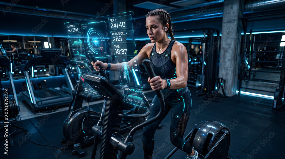 Fototapeta premium AI-generated woman using holographic fitness tech in gym