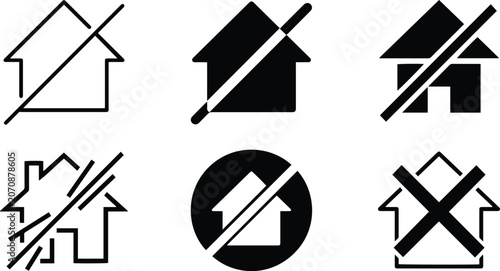No house real estate ban icon collection showing crossed out home building property restriction eviction notice prohibited zone structural demolition symbol template