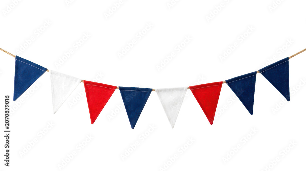 Obraz premium Red white and blue fabric bunting flags hanging on a string isolated on transparent background