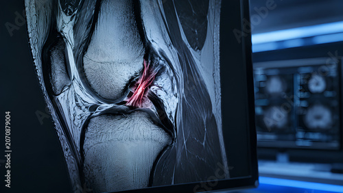 Knee PCL injury radiology concept with posterior cruciate ligament tear in MRI style medical imaging of knee joint for orthopedic diagnosis, sports medicine education, and patient care design use