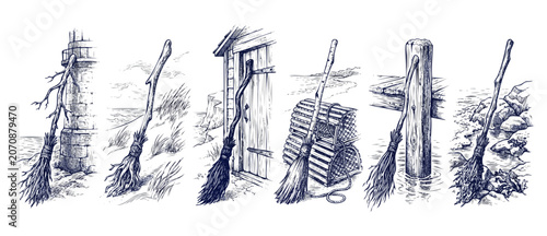 Foto Witch broom sketch illustration set of rustic coastal sea shore scenes showing traditional besom leaning on lighthouse, wooden cottage door, lobster trap, dock post, rocky beach