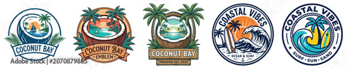 Set of tropical beach emblems, logos and badges featuring coconut, palm trees, surfboard, ocean wave and sunset, vector illustration coconut vector t shirt vacation
