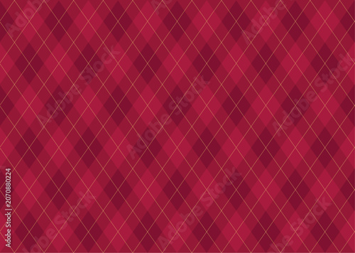 Argyle vector pattern. Dark red with thin golden dotted line. Seamless geometric background textile, clothing, wrapping gift paper. Backdrop Xmas party invite card. Christmas traditional color maroon.