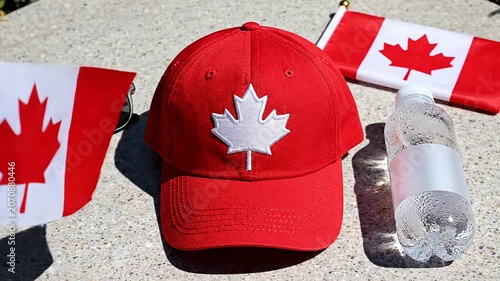 Stylish Flat Lay of Canada Day Accessories Featuring a Red Baseball Cap with a White Maple Leaf, Flags, Sunglasses, and a Water Bottle on Textured Surface