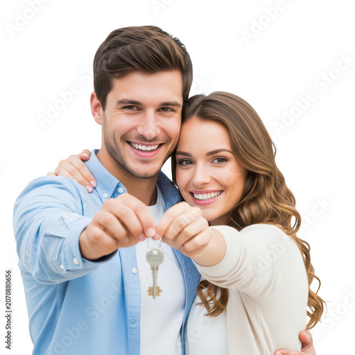 Happy young couple holding keys to their new home isolated on transparent background