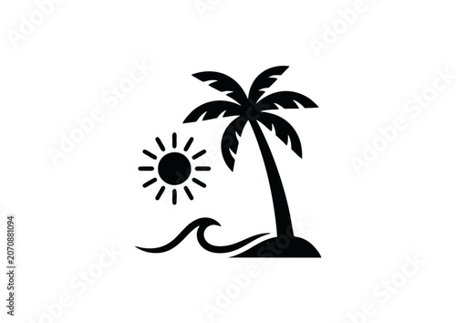 Black Vector Tropical Beach Icon with Palm Tree Sun and Ocean Wave for Vacation and Relaxation Design