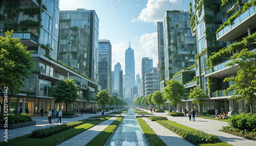 Modern eco-friendly smart city with green buildings and sustainable technology.