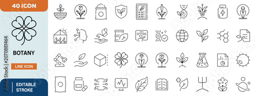 Tableau sur toile Botany Line Icon Set with Plants, Leaves, Sustainability, Ecology and Nature Ele