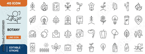 Photos Botany Line Icon Set with Plants, Leaves, Sustainability, Ecology and Nature Ele