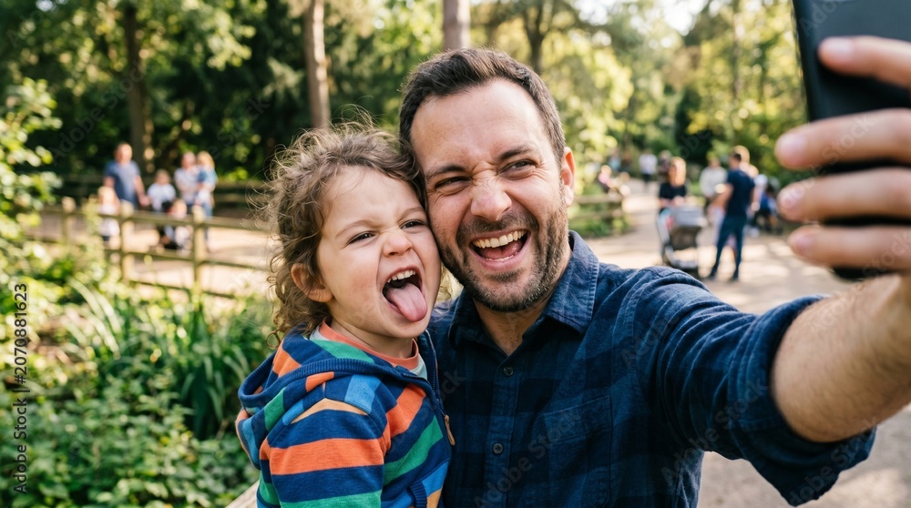 Fototapeta premium Father and Child Making Funny Faces While Taking a Selfie Outdoors in a Park