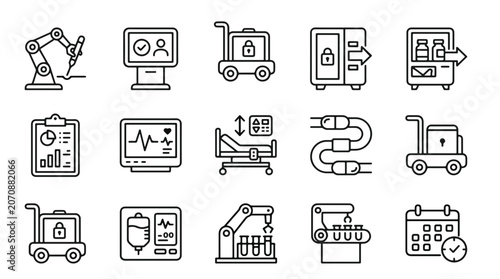 Medical Hospital Automation Line Icons with Robotic Arm and Heart Monitor on Black Background